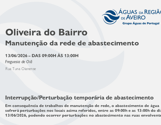 AdRA: Suspensão temporária do abastecimento em Oliveira do Bairro
