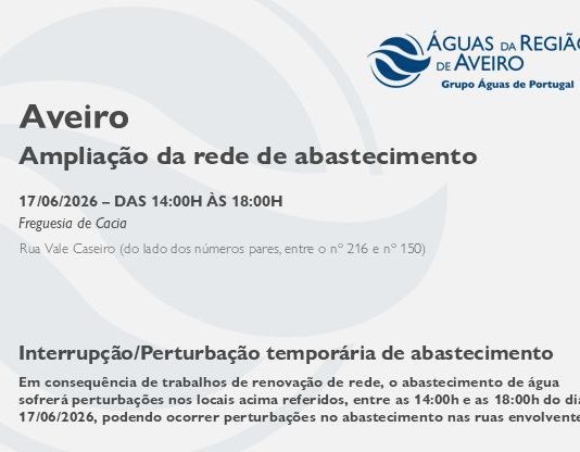 AdRA: Suspensão temporária do abastecimento em Aveiro