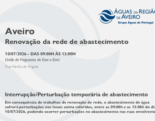 AdRA: Suspensão temporária do abastecimento em Aveiro