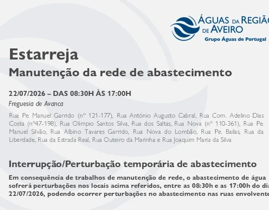 AdRA: Suspensão temporária do abastecimento em Estarreja