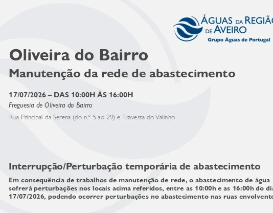 AdRA: Suspensão temporária do abastecimento em Oliveira do Bairro