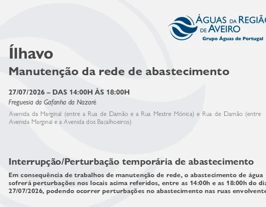AdRA: Suspensão temporária do abastecimento. em Ílhavo