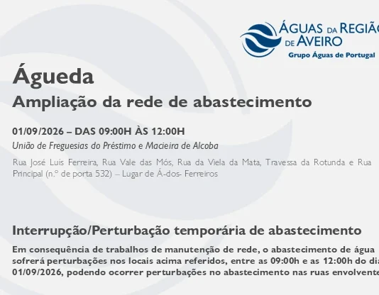 AdRA: Suspensão temporária do abastecimento em Águeda