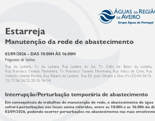 AdRA: Suspensão temporária do abastecimento em Estarreja