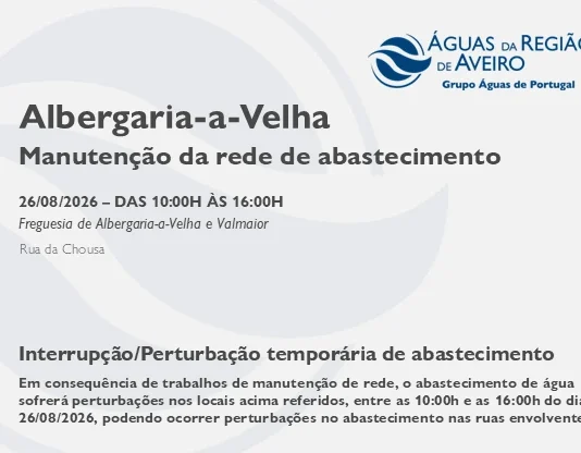 AdRA: Suspensão temporária do abastecimento em Albergaria-a-Velha