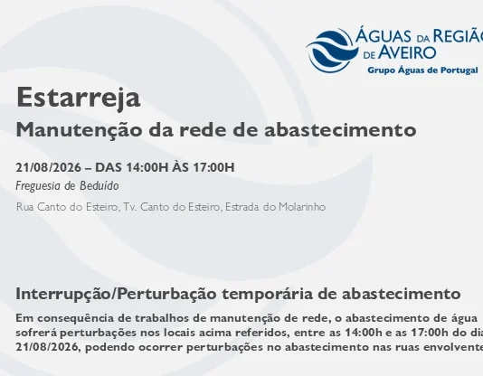 AdRA: Suspensão temporária do abastecimento em Estarreja / Beduído