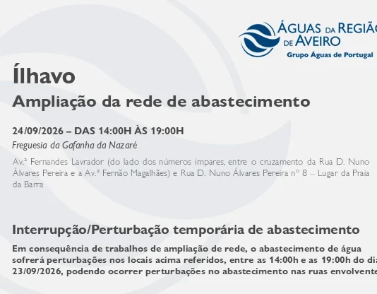 AdRA: Suspensão temporária do abastecimento em Ílhavo