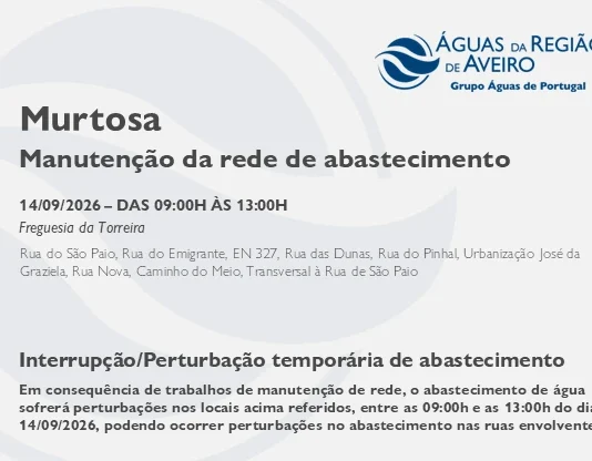 AdRA: Suspensão temporária do abastecimento na Murtosa